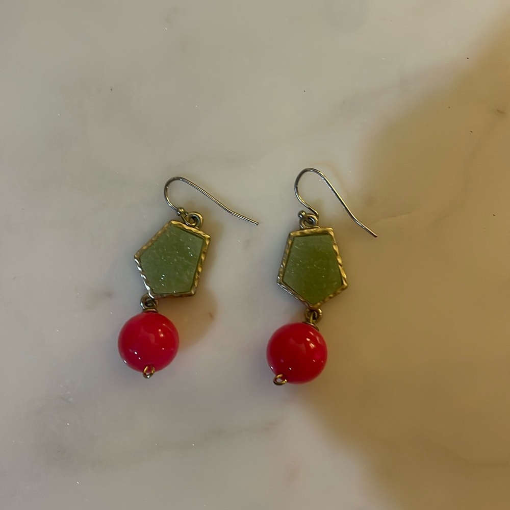 Green druzy stone and pink earrings